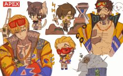 Rule 34 | 2boys, absurdres, alternate hairstyle, animal ears, apex legends, bare pectorals, black pants, cat ears, cat tail, chain, chibi, chinese commentary, clipboard, closed eyes, crossed arms, crypto (apex legends), dreadlocks, eyepatch, frown, goggles, goggles on head, gold chain, grey jacket, highres, holding, holding clipboard, hype beast crypto, jacket, lit witt mirage, male focus, mirage (apex legends), multiple boys, non-humanoid robot, official alternate costume, one eye covered, open clothes, open jacket, pants, pectorals, robot, scar, scar across eye, short hair, sitting, sketch, smile, smoke, sunglasses, t.t.t, tail, v-shaped eyebrows, whitelisted crypto, yellow jacket