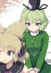 Rule 34 | 2girls, blonde hair, blue eyes, blurry, blush, closed mouth, commentary request, depth of field, dress, earmuffs, ebizome, green dress, green hair, hat, long sleeves, multiple girls, own hands together, pointy hair, short hair, smile, soga no tojiko, tate eboshi, touhou, toyosatomimi no miko