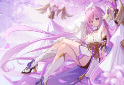Rule 34 | 1girl, absurdres, bell, bike shorts, black shorts, blurry, blurry foreground, boots, branch, breasts, cleavage, commentary request, crossed legs, depth of field, dress, elysia (herrscher of human:ego) (honkai impact), elysia (honkai impact), eyes visible through hair, heart, high heel boots, high heels, highres, honkai (series), honkai impact 3rd, knee boots, knees up, komi (komiking), large breasts, long hair, looking at viewer, pink hair, purple eyes, short shorts, shorts, sitting, smile, solo, very long hair, white dress, white footwear