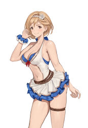 Rule 34 | 1girl, bikini, bikini top only, blonde hair, blue bikini, breasts, brown eyes, cleavage, closed mouth, clothing cutout, commentary, commission, djeeta (granblue fantasy), djeeta (summer) (granblue fantasy), english commentary, flower, granblue fantasy, hair flower, hair ornament, hairband, halterneck, hand up, hibiscus, highres, jonbur man, layered skirt, layered swimsuit, looking at viewer, medium breasts, navel, o-ring, o-ring bikini, official alternate costume, pixiv commission, scrunchie, short hair, skirt, smile, solo, stomach cutout, swimsuit, thigh strap, white background, white hairband, wrist scrunchie