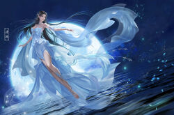 Rule 34 | 1girl, absurdres, anklet, bare legs, bare shoulders, barefoot, black hair, chahua shi fei mo, detached sleeves, dress, facial mark, falling petals, forehead mark, hair ornament, highres, horizon, jewelry, long hair, looking to the side, moon, night, outstretched hand, petals, second-party source, solo, sparkle, wanmei shijie, water, white dress, yue chan (wanmei shijie)