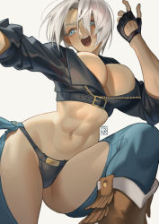 Rule 34 | 1girl, angel (kof), blue eyes, boots, breasts, chaps, cowboy boots, cropped jacket, fingerless gloves, gloves, grey background, hair over one eye, highres, jacket, large breasts, leather, leather jacket, open mouth, poch4n, snk, solo, the king of fighters, the king of fighters xv, toned, white hair