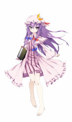 Rule 34 | 1girl, bad id, bad pixiv id, bare legs, barefoot, dress, full body, hat, highres, long hair, ootsuki momiji, pajamas, patchouli knowledge, purple eyes, purple hair, simple background, solo, striped clothes, striped dress, tachi-e, touhou, touhou ayaria epic, very long hair