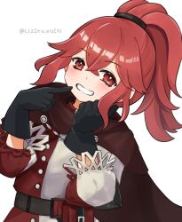 Rule 34 | 1girl, anna (fire emblem), anna (fire emblem engage), artist name, black gloves, cape, commentary request, fire emblem, fire emblem engage, gloves, grin, highres, lizdrawsen, medium hair, nintendo, ponytail, red cape, red eyes, red hair, simple background, smile, solo, teeth, twitter username, upper body, white background