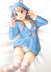 Rule 34 | 1girl, :d, animal ears, animal hood, bear ears, bear hood, bed sheet, blue jacket, blush, brown eyes, brown hair, claw pose, collarbone, commentary request, commission, fake animal ears, fang, gluteal fold, hair ornament, hairclip, highres, hood, hood up, hooded jacket, jacket, long hair, long sleeves, looking at viewer, low twintails, lying, old school swimsuit, on back, one-piece swimsuit, open mouth, original, school swimsuit, shibacha, skeb commission, smile, solo, striped clothes, striped thighhighs, swimsuit, thigh gap, thighhighs, twintails, v-shaped eyebrows, white one-piece swimsuit