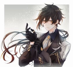 Rule 34 | 1boy, absurdres, black gloves, black hair, brown hair, cheroi, closed mouth, collar, collared shirt, earrings, formal, gem, genshin impact, glove pull, gloves, hair between eyes, highres, jacket, jewelry, long hair, long sleeves, looking at viewer, male focus, multicolored hair, ponytail, ring, shirt, simple background, single earring, solo, suit, yellow eyes, zhongli (genshin impact)