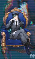 Rule 34 | 1boy, armband, black necktie, blue lock, boots, buttons, closed mouth, coat, coat on shoulders, collared shirt, crossed legs, gloves, green eyes, green hair, grey hat, hair between eyes, halu-ca, hand on own chin, hat, high collar, highres, holding, holding key, itoshi rin, key, lapels, long sleeves, male focus, military, military hat, military uniform, necktie, notched lapels, on chair, shirt, shoelaces, short hair, signature, sitting, solo, uniform, white gloves