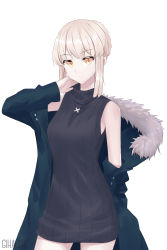 Rule 34 | 1girl, absurdres, artoria pendragon (all), artoria pendragon (fate), bare shoulders, black jacket, braid, breasts, commentary, commission, fate/grand order, fate (series), frown, fur trim, gihachii, highres, jacket, jewelry, looking at viewer, medium breasts, necklace, saber alter, sleeveless, solo, striped clothes, striped sweater, sweater, yellow eyes