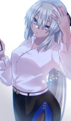Rule 34 | 1girl, akio (akio1124), belt, black bow, black skirt, blue eyes, bow, braid, breasts, collared shirt, dress shirt, fate/grand order, fate (series), french braid, grey hair, hair bow, highres, large breasts, long hair, long sleeves, looking at viewer, morgan le fay (chaldea satellite station) (fate), morgan le fay (fate), open mouth, ponytail, shirt, side slit, sidelocks, skirt, solo, very long hair, white shirt