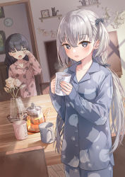 Rule 34 | 2girls, :d, absurdres, animal print, black hair, blush, cat print, chair, clock, collarbone, commentary request, cup, fang, flower, grey eyes, grey hair, hair between eyes, hair rollers, hand up, highres, holding, holding cup, indoors, long hair, looking at viewer, morning, mug, multiple girls, namikishiho, open mouth, original, pajamas, paw print, paw print pattern, print pajamas, revision, rose, rubbing eyes, shelf, skin fang, sleeves past wrists, smile, standing, table, teapot, television, vase, very long hair, wall clock, white flower, white rose, wooden floor, yawning