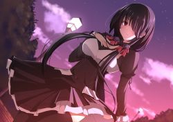 Rule 34 | 1girl, black dress, black hair, breasts, cloud, commentary request, date a live, dress, hair over one eye, hand on own chest, highres, lamp, lizta, long hair, long sleeves, looking at viewer, medium breasts, night, outdoors, puffy sleeves, red eyes, red ribbon, ribbon, solo, star (sky), tokisaki kurumi, tree, twintails, white dress