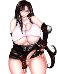 Rule 34 | 1990s (style), 1futa, bare shoulders, black hair, blush, breasts, cleavage, covered erect nipples, cum, curvy, erection, final fantasy, final fantasy vii, fingerless gloves, futanari, gloves, huge breasts, long hair, midriff, nipples, penis, pussy, retro artstyle, simple background, solo, tank top, thick thighs, thighs, third-party edit, tifa lockhart, wide hips