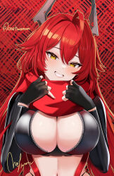 Rule 34 | 1girl, absurdres, ahoge, black gloves, black shirt, breasts, cleavage, crop top, fingerless gloves, gloves, goddess of victory: nikke, grin, hands up, head tilt, highres, horns, large breasts, long hair, long sleeves, looking at viewer, midriff, navel, no bra, panties, red background, red hair, red hood (nikke), scarf, shiny clothes, shirt, skindentation, smile, solo, stomach, string panties, twomoon, underwear, unzipped, upper body, yellow eyes