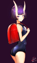 Rule 34 | 112san, 1girl, absurdres, artist name, ass, backpack, bad id, bad pixiv id, bag, bob cut, clothes writing, dated, fate/grand order, fate (series), highres, horns, looking at viewer, one-piece swimsuit, oni, purple eyes, purple hair, randoseru, school swimsuit, short hair, shuten douji (fate), skin-covered horns, smile, solo, swimsuit