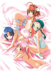 Rule 34 | 4girls, :d, :o, :p, absurdres, ahoge, anonono, ass, back, bare back, bed, bed sheet, blue eyes, blue hair, blush, bottomless, bow, braid, breast press, breasts, brown hair, buttons, camisole, embarrassed, everyone, flat chest, fujimura ringo, garter belt, garter straps, glasses, green eyes, green hair, hair bow, hair intakes, hair ornament, hair ribbon, highres, indoors, ishigami miyoshi, lace, lace-trimmed legwear, lace trim, lingerie, long hair, looking at viewer, looking back, lying, multiple girls, naked sheet, naughty face, nipple slip, nipples, no bra, no panties, nude, official art, on side, on stomach, open clothes, open mouth, open shirt, oumori erisu, pajamas, panties, parted bangs, pink hair, red eyes, red hair, ribbon, scan, shirt, short hair, sideboob, sidelocks, single braid, sitting, small breasts, smile, socks, souryuu (double dragon), spread legs, strap slip, thighhighs, tongue, tongue out, tooyama kokoro, twintails, underwear, underwear only, wariza, white legwear