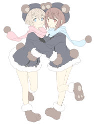 Rule 34 | 2girls, alternate costume, animal ears, animal hands, bad id, bad twitter id, bear ears, beret, blue eyes, blue headwear, blue scarf, blush, brown eyes, brown hair, fake animal ears, full body, fur trim, gloves, hat, highres, jacket, kantai collection, long sleeves, multiple girls, paw gloves, paw shoes, pink scarf, pom pom (clothes), scarf, shiosoda, shoes, short hair, silver hair, simple background, smile, standing, standing on one leg, tail, white background, z1 leberecht maass (kancolle), z3 max schultz (kancolle)