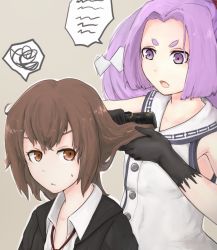 Rule 34 | 10s, 2girls, brown eyes, brown hair, brushing hair, buttons, comb, gloves, hatsuharu (kancolle), jacket, kantai collection, lansane, long hair, looking at another, multiple girls, necktie, open mouth, purple eyes, purple hair, shirt, short hair, simple background, sleeveless, speech bubble, spoken squiggle, squiggle, sweatdrop, unbuttoned, unbuttoned shirt, upper body, wakaba (kancolle), white shirt