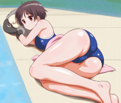 Rule 34 | 10s, 1girl, ass, bare shoulders, barefoot, brown hair, chuunibyou demo koi ga shitai!, competition school swimsuit, competition swimsuit, highres, lying, on side, one-piece swimsuit, pool, poolside, rasukaru, red eyes, school swimsuit, short hair, solo, stuffed animal, stuffed sheep, stuffed toy, swimsuit, towel, tsuyuri kumin
