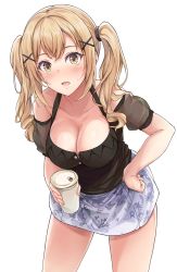 Rule 34 | 1girl, bang dream!, black shirt, blonde hair, breasts, casual, cleavage, coffee cup, commentary request, cowboy shot, cup, disposable cup, hair ornament, hand on own hip, highres, holding, holding cup, ichigaya arisa, large breasts, long hair, looking at viewer, open mouth, shirt, skirt, solo, suisen toire (moko924), twintails, x hair ornament, yellow eyes