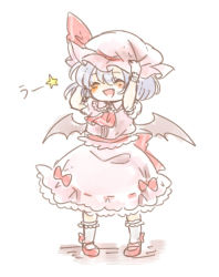 Rule 34 | 1girl, :d, arms up, ascot, bat wings, blue hair, closed eyes, dress, hands on headwear, hat, hat ribbon, hat tug, maru usagi, mob cap, open mouth, pigeon-toed, pink dress, puffy sleeves, remilia scarlet, ribbon, sash, short sleeves, simple background, smile, solo, touhou, translated, uu~, white background, wings