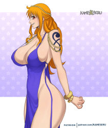 Rule 34 | 1girl, alternate costume, ass, blue dress, bracelet, breasts, cleavage, curvy, dress, huge ass, huge breasts, jewelry, kameseru, large breasts, long hair, nami (one piece), nami (one piece) (post-timeskip), nami (one piece) (zou), official alternate costume, one piece, orange hair, revealing clothes, short dress, solo, standing, tagme, tattoo, thick thighs, thighs, very long hair, wide hips