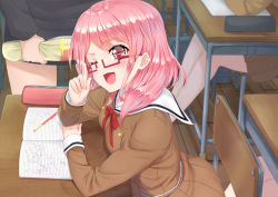 Rule 34 | 10s, 4girls, ;d, bang dream!, brown dress, buttons, chair, classroom, desk, double-breasted, drawing, dress, glasses, hair down, hanasakigawa school uniform, highres, long sleeves, looking at viewer, maruyama aya, medium hair, multiple girls, naitou kirara, neck ribbon, notebook, one eye closed, open mouth, pencil, pencil case, pink eyes, pink hair, red neckwear, ribbon, sailor dress, school chair, school desk, school uniform, sitting, smile, solo focus, sparkle