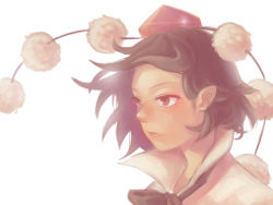 Rule 34 | 1girl, black hair, blush, eyebrows, hat, highres, looking away, parted lips, red eyes, red hat, shameimaru aya, short hair, simple background, solo, tokin hat, touhou, upper body, white background, yoruny