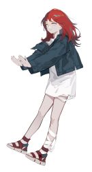 Rule 34 | 1girl, bandaged leg, bandages, closed mouth, commentary, denim, denim jacket, dress, from side, full body, highres, iris yi, jacket, long hair, long sleeves, looking at viewer, messy hair, open clothes, original, red hair, sandals, simple background, smile, solo, standing, symbol-only commentary, white background, white dress, white eyes