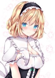 Rule 34 | 1girl, alice margatroid, bad id, bad pixiv id, black hairband, blonde hair, blue eyes, blush, breasts, center frills, cleavage, closed mouth, floral background, frilled hairband, frills, hair between eyes, hairband, highres, looking at viewer, medium breasts, nanase nao, puffy short sleeves, puffy sleeves, shirt, short sleeves, smile, solo, touhou, upper body, white background, white shirt