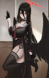 Rule 34 | 1girl, absurdres, adjusting footwear, black choker, black footwear, black gloves, black hair, black serafuku, black skirt, black thighhighs, black wings, blue archive, breasts, choker, cleavage, closed mouth, feathered wings, feet out of frame, garter straps, gloves, hair between eyes, half gloves, halo, hand on wall, hasumi (blue archive), high heels, highres, indoors, jiang zhuti jiojio, lace, lace-trimmed legwear, lace trim, large breasts, long bangs, long hair, looking at viewer, low wings, mole, mole under eye, neckerchief, red eyes, red neckerchief, school uniform, serafuku, side slit, skirt, solo, standing, standing on one leg, straight hair, thighhighs, wings