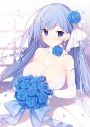 Rule 34 | 1girl, bare shoulders, blue eyes, blue flower, blue hair, blue rose, blush, bouquet, breasts, bride, cleavage, collarbone, detached collar, dress, elbow gloves, emori miku, flower, gloves, hair ornament, hairclip, highres, jewelry, lace, lace-trimmed dress, lace-trimmed gloves, lace trim, large breasts, liver city, long hair, looking at viewer, miko (royal milk), necklace, rose, smile, solo, strapless, strapless dress, veil, very long hair, wedding dress, white dress