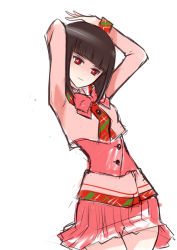 Rule 34 | 10s, 1girl, arms behind head, arms up, black hair, blunt bangs, bow, contrapposto, cropped jacket, dress, hime cut, hip focus, long sleeves, looking at viewer, pink bow, pink dress, plaid trim, raptor7, red eyes, sasami-san@ganbaranai, simple background, solo, standing, thighs, white background, yagami kagami