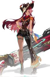 1girl artist_name asymmetrical_clothes bandana blue_eyes boots cannon chasca_(genshin_impact) elf from_side genshin_impact gun hat high_heels highres pointy_ears red_hair ryrmcher shorts weapon white_background