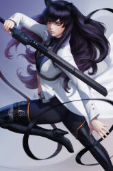 Rule 34 | 1girl, animal ears, black footwear, black hair, black pants, blake belladonna, boots, cat ears, cat girl, high heel boots, high heels, highres, holding, holding weapon, jacket, long hair, long sleeves, looking at viewer, open clothes, open jacket, pants, realistic, rwby, signature, stanley lau, weapon, white jacket, yellow eyes