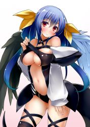 Rule 34 | 1girl, asymmetrical wings, bare shoulders, blue hair, blush, breasts, choker, dd mayohara, dizzy (guilty gear), female focus, guilty gear, guilty gear x, guilty gear xx, hair ribbon, large breasts, long hair, looking at viewer, navel, red eyes, ribbon, simple background, smile, solo, thighhighs, twintails, underboob, white background, wings