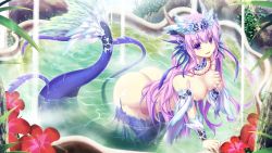 Rule 34 | 1girl, arm support, ass, bare shoulders, grabbing another&#039;s breast, breasts, butt crack, female focus, fins, fish tail, flower, game cg, grabbing, hair ornament, jewelry, light rays, long hair, looking at viewer, mermaid, monster girl, necklace, nipples, pink hair, purple eyes, sankai ou no yubiwa, smile, solo, sunbeam, sunlight, tail, vepar (sankai ou no yubiwa), wading, water, wet