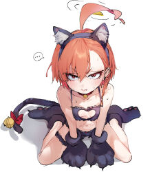 Rule 34 | ..., 1girl, ahoge, alternate costume, animal ears, animal hands, black gloves, blue archive, braid, breasts, cat ears, cat lingerie, cat tail, commentary request, fake animal ears, fake tail, gloves, hair between eyes, halo, highres, looking at viewer, meme attire, mole, mole under eye, navel, neru (blue archive), paw gloves, red eyes, red hair, simple background, single braid, sitting, small breasts, solo, spoken ellipsis, tail, thigh strap, thighs, white background, yanyo (ogino atsuki)