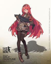 Rule 34 | 1girl, black pantyhose, boots, braid, brown eyes, brown footwear, brown gloves, brown skirt, character name, copyright name, cross-laced footwear, cz scorpion evo 3, evo 3 (girls&#039; frontline), full body, girls&#039; frontline, glasses, gloves, gun, hairband, highres, holding, holding gun, holding weapon, holster, kugi ta hori taira, lace-up boots, long hair, long sleeves, looking at viewer, military, military uniform, miniskirt, official art, pantyhose, parted lips, pleated skirt, red hair, semi-rimless eyewear, shadow, skirt, smile, solo, submachine gun, thigh holster, thigh strap, trigger discipline, under-rim eyewear, uniform, very long hair, watermark, weapon, web address