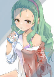 Rule 34 | 1girl, anchovy (girls und panzer), bra, brown eyes, character print, closed mouth, commentary, drinking, emblem, english text, frown, girls und panzer, green hair, hair pulled back, hairband, highres, holding, juice box, long hair, long sleeves, looking at viewer, monomono, nishizumi miho, off shoulder, ooarai (emblem), pajamas, purple bra, purple hairband, sitting, sleepwear, solo, underwear