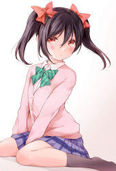 Rule 34 | 1girl, absurdres, between legs, black hair, black socks, blue skirt, bow, brown background, cardigan, closed mouth, collared shirt, commentary request, diagonal-striped bow, dress shirt, gradient background, green bow, hair between eyes, hair bow, hand between legs, highres, hitotsuki no yagi, long sleeves, looking at viewer, love live!, love live! school idol project, pink cardigan, plaid, plaid skirt, pleated skirt, puffy long sleeves, puffy sleeves, red bow, red eyes, school uniform, shirt, sidelocks, sitting, skirt, socks, solo, striped, wariza, white background, white shirt, yazawa nico