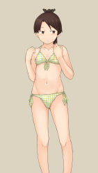 Rule 34 | 1girl, bikini, brown eyes, brown hair, chagamaka, collarbone, feet out of frame, flat chest, front-tie top, gingham bikini, green bikini, grey background, highres, kantai collection, looking at viewer, open clothes, ponytail, shikinami (kancolle), short hair, side-tie bikini bottom, simple background, solo, standing, swimsuit