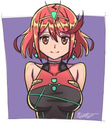 Rule 34 | 1girl, black one-piece swimsuit, breasts, competition swimsuit, cover, earrings, highres, jewelry, large breasts, megamystryy, nintendo, one-piece swimsuit, purple background, pyra (pro swimmer) (xenoblade), pyra (xenoblade), red hair, short hair, solo, swimsuit, upper body, white background, xenoblade chronicles (series), xenoblade chronicles 2