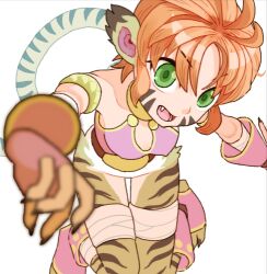 Rule 34 | 1girl, animal ears, armlet, body fur, bottomless, breasts, breath of fire, breath of fire ii, covered erect nipples, facial mark, fang, green eyes, lowres, medium breasts, open mouth, orange hair, rinpoo chuan, short hair, sicky (pit-bull), simple background, solo, striped tail, tail, teeth, tiger ears, tiger girl, tiger tail, v-shaped eyebrows, whisker markings, white background