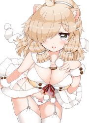 Rule 34 | 10s, 1girl, :d, adapted costume, alpaca ears, alpaca suri (kemono friends), animal band panties, animal ears, arato asato, blonde hair, blush, bow, bow panties, breasts, commentary request, cowboy shot, fur collar, fur trim, garter belt, grey eyes, hair over one eye, highres, horizontal pupils, kemono friends, large breasts, lingerie, looking at viewer, medium hair, open mouth, panties, pink bow, simple background, smile, solo, thighhighs, underwear, white background, white panties, white thighhighs, wrist cuffs