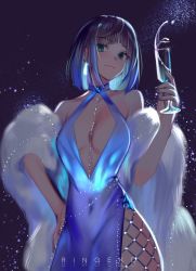 Rule 34 | 1girl, bare shoulders, between breasts, black hair, blue hair, breasts, champagne flute, cleavage, cleavage cutout, clothing cutout, covered navel, cup, dress, drinking glass, feather boa, genshin impact, green eyes, halter dress, halterneck, hand on own hip, highres, jewelry, looking at viewer, nail polish, night, night sky, ringeko-chan, side slit, sky, sleeveless, solo, yelan (genshin impact)