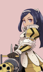 Rule 34 | 1girl, armor, black hair, breastplate, bright pupils, brown gloves, copyright request, finger on trigger, gloves, grey eyes, gun, headband, holding, holding gun, holding weapon, long hair, looking at viewer, machine gun, parted lips, pauldrons, pink background, ponytail, shoulder armor, simple background, solo, standing, sumiyao (amam), weapon
