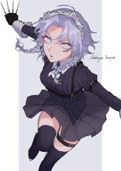 Rule 34 | 1girl, absurdres, alternate costume, black gloves, black shirt, black skirt, black thighhighs, braid, character name, commentary, gloves, grey background, grey eyes, grey hair, highres, holding, holding knife, izayoi sakuya, juliet sleeves, knife, long sleeves, looking at viewer, maid headdress, medium hair, one-hour drawing challenge, open mouth, otone (otonegmbr), puffy sleeves, shirt, side braids, simple background, skirt, solo, striped clothes, striped shirt, thigh strap, thighhighs, touhou, twin braids, vertical-striped clothes, vertical-striped shirt