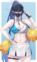 Rule 34 | 1girl, absurdres, bad id, bad twitter id, bare shoulders, baseball cap, black hair, black hat, blue archive, blue eyes, blush, breasts, cheerleader, cleavage, cosplay, crop top, halo, hat, highleg, highleg panties, highres, holding, kanta (kanta 077), large breasts, long hair, looking at viewer, mask, midriff, millennium cheerleader outfit (blue archive), mouth mask, navel, off shoulder, panties, pom pom (cheerleading), saori (blue archive), skirt, solo, standing, thigh strap, underwear