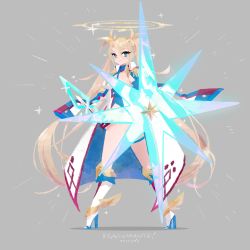 Rule 34 | 1girl, armor, ass, bare shoulders, blonde hair, blue eyes, boots, bradamante (fate), bradamante (third ascension) (fate), braid, crown braid, elbow gloves, fate/grand order, fate (series), faulds, french braid, gloves, hair between eyes, halo, high heel boots, high heels, highleg, highleg leotard, highres, leotard, long hair, marina (mrn9), off-shoulder jacket, off shoulder, smile, solo, thigh strap, twintails, very long hair