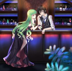 Rule 34 | 1boy, 1girl, :d, absurdres, backless dress, backless outfit, bartender, black dress, black hair, black vest, blue necktie, blurry, blurry foreground, bridal gauntlets, budgiepon, c.c., code geass, collared shirt, dress, green hair, highres, indoors, leaning forward, lelouch vi britannia, long dress, long hair, necktie, open mouth, parted lips, purple eyes, shirt, short hair, side slit, sleeveless, sleeveless dress, smile, straight hair, very long hair, vest, white shirt, wing collar, yellow eyes